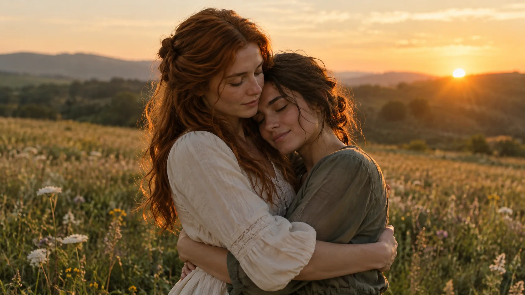 Original AI illustration of two adult women embracing in warm evening light