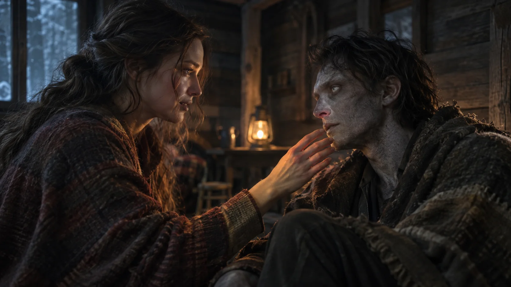 Original AI illustration of a woman reaching toward her zombie partner in a rustic cabin