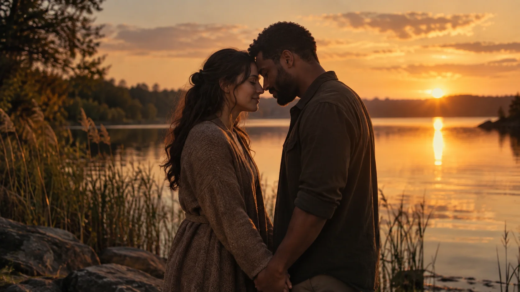Original AI illustration of an adult couple holding hands by a lake at sunset